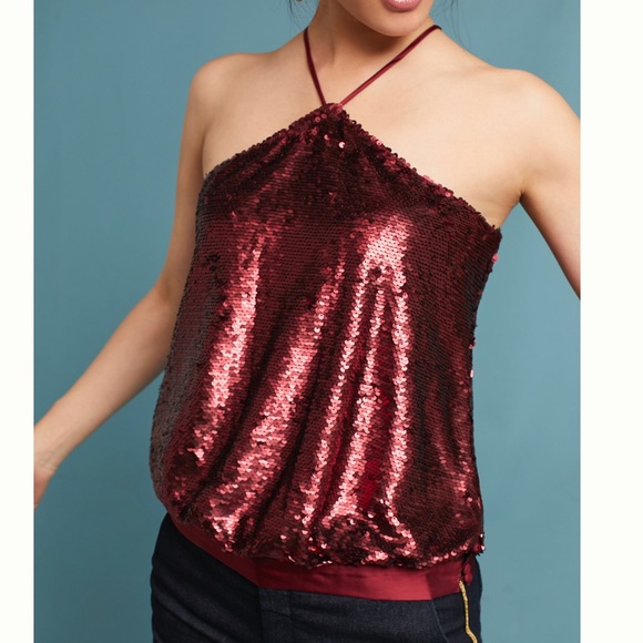 Anthropologie NEW with tags Burgundy Sequin Halter top . SZ XL - Picture 1 of 6